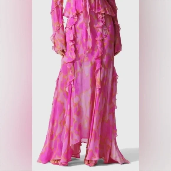 The Wolf Gang Rhapsody Maxi Skirt Candy Haze Frilly High Slit Hot Pink Floral - Picture 3 of 13